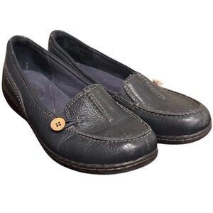 Clarks Women's Dark Navy Blue Leather Loafers with Button Detail